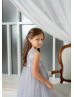 Gray Lace Tulle Beaded Elegant Flower Girl Dress